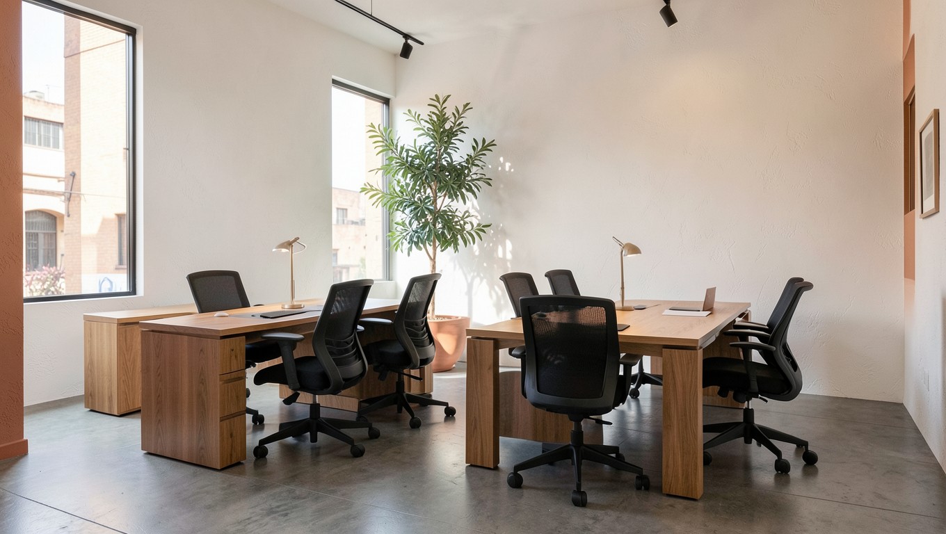 Showroom de NOMA con escritorios de madera y sillas ergonómicas